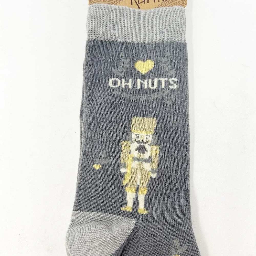 Karma Womens Oh Nuts Nutcracker Gray Gold Christmas Holiday Crew Socks One Size